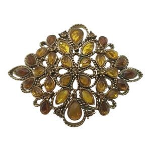 Monet Brooch Pin Crystal Brown  Gold Teardrop Round Oval Twisted Gold Brooch Pin